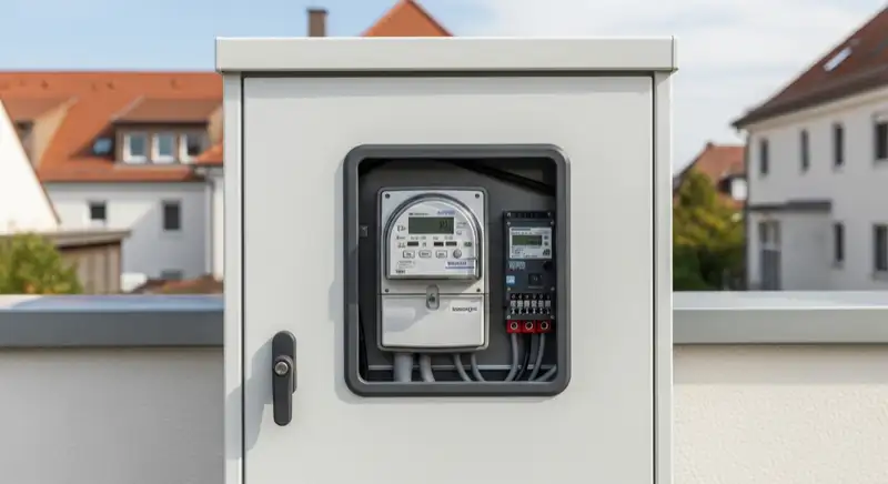 Modern German electrical meter cabinet (Zählerschrank) with smart meter and solar inverter connection, clean technical installation