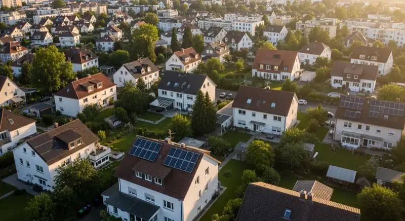 Aerial drone view of typical German residential neighborhood with mixed roof types, red and dark roof tiles, gardens visible, sunny day
