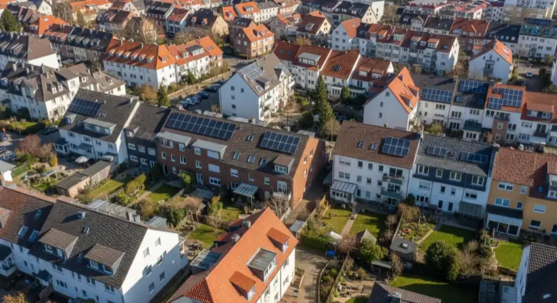 Aerial drone view of typical German residential neighborhood with mixed roof types, red and dark roof tiles, gardens visible, sunny day