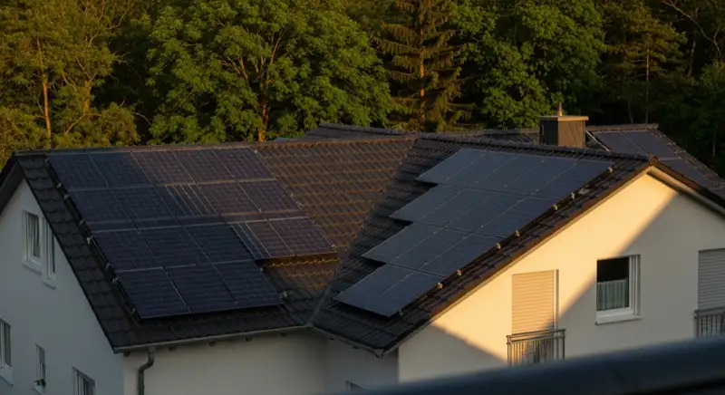 PV-Dach an einer Hanglage in Ettlingen-Spessart mit sichtbarer Verschattung durch Bäume