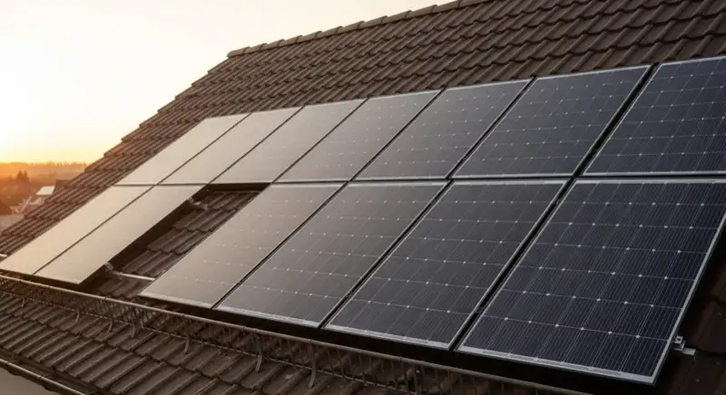 Close-up of photovoltaic solar panels installed on a traditional German Satteldach (gabled roof), blue sky with some clouds