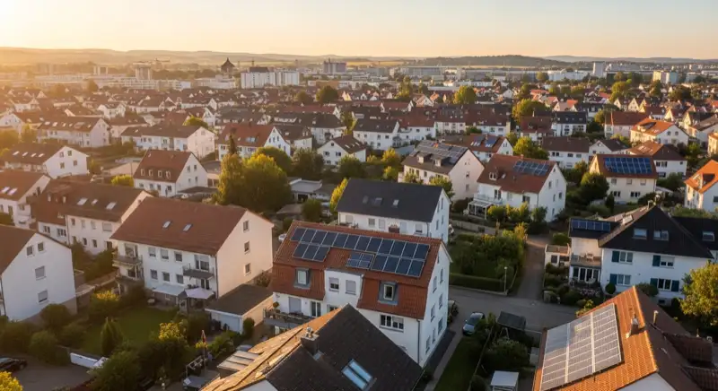 Aerial drone view of typical German residential neighborhood with mixed roof types, red and dark roof tiles, gardens visible, sunny day