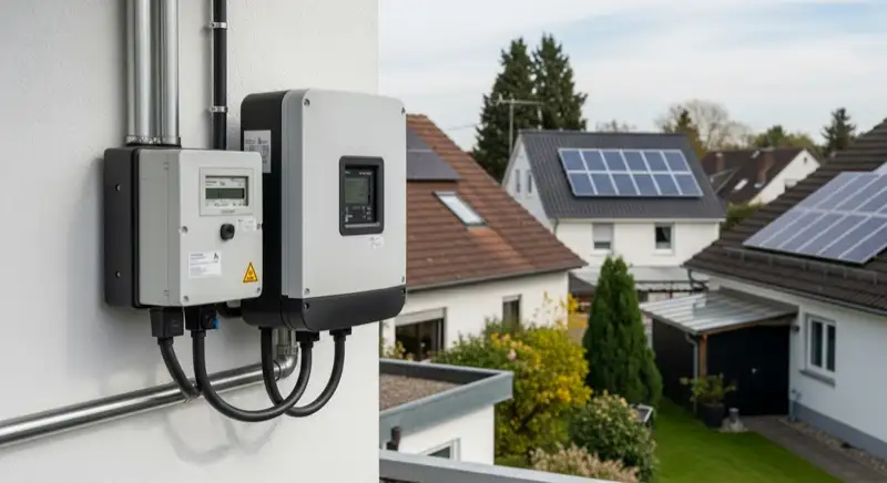 Modern German electrical meter cabinet (Zählerschrank) with smart meter and solar inverter connection, clean technical installation
