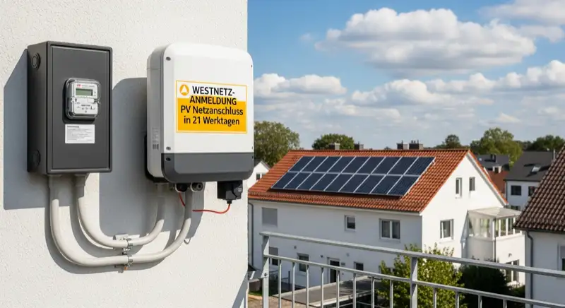 Modern German electrical meter cabinet (Zählerschrank) with smart meter and solar inverter connection, clean technical installation