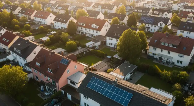 Aerial drone view of typical German residential neighborhood with mixed roof types, red and dark roof tiles, gardens visible, sunny day