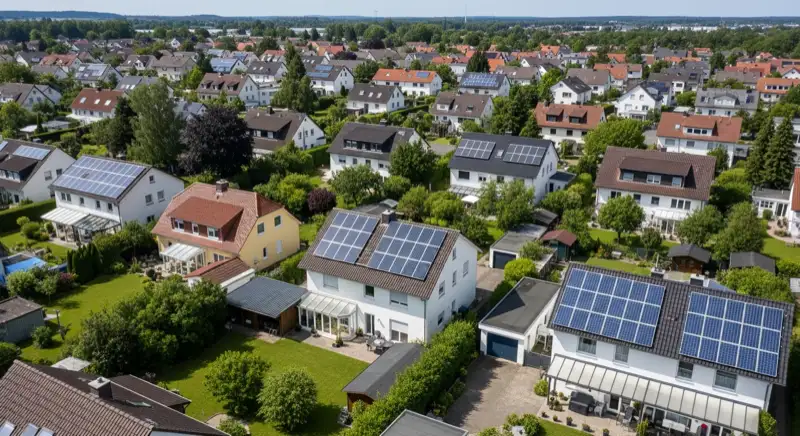 Aerial drone view of typical German residential neighborhood with mixed roof types, red and dark roof tiles, gardens visible, sunny day