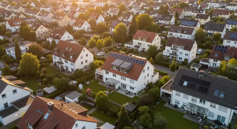 Aerial drone view of typical German residential neighborhood with mixed roof types, red and dark roof tiles, gardens visible, sunny day