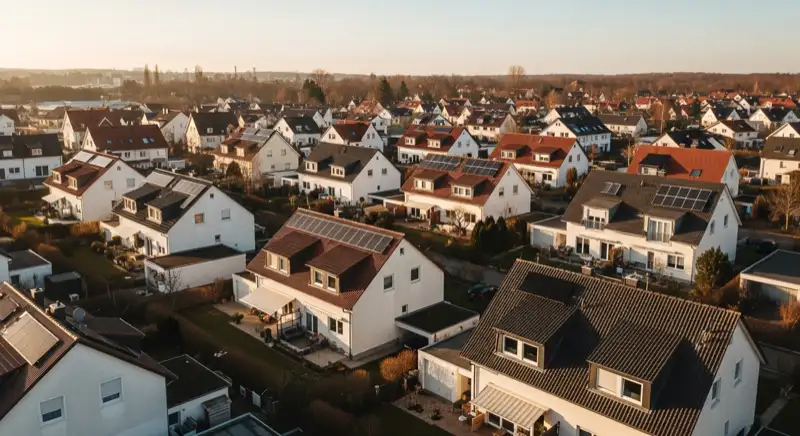 Aerial drone view of typical German residential neighborhood with mixed roof types, red and dark roof tiles, gardens visible, sunny day