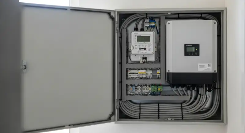 Modern German electrical meter cabinet (Zählerschrank) with smart meter and solar inverter connection, clean technical installation