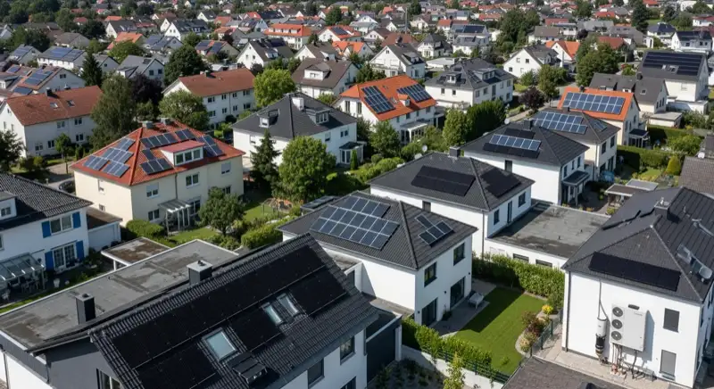 Aerial drone view of typical German residential neighborhood with mixed roof types, red and dark roof tiles, gardens visible, sunny day