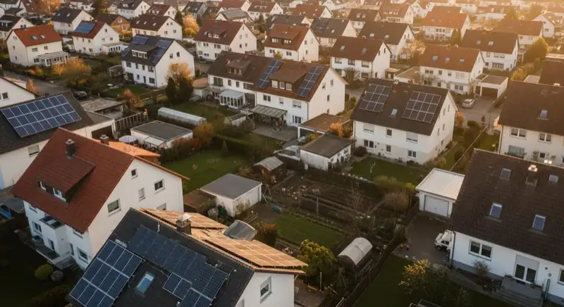 Aerial drone view of typical German residential neighborhood with mixed roof types, red and dark roof tiles, gardens visible, sunny day