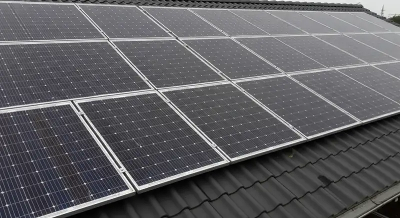 Aerial drone view of typical German residential neighborhood with mixed roof types, red and dark roof tiles, gardens visible, sunny day