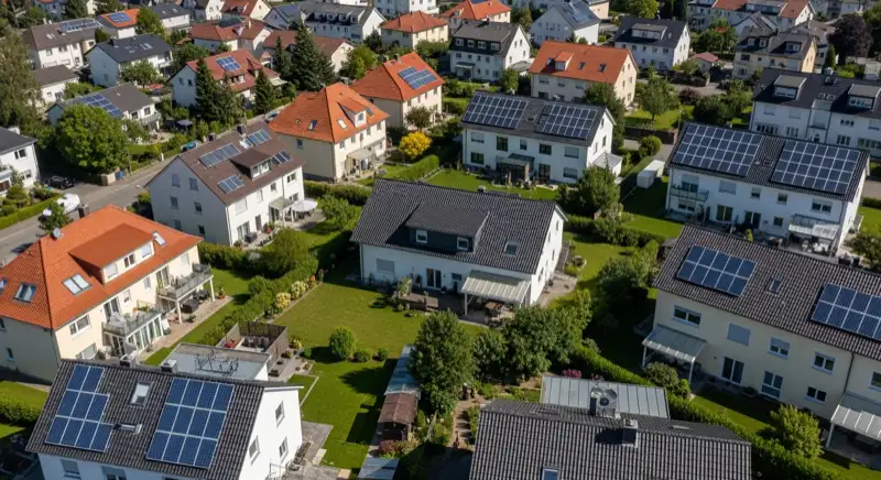 Aerial drone view of typical German residential neighborhood with mixed roof types, red and dark roof tiles, gardens visible, sunny day