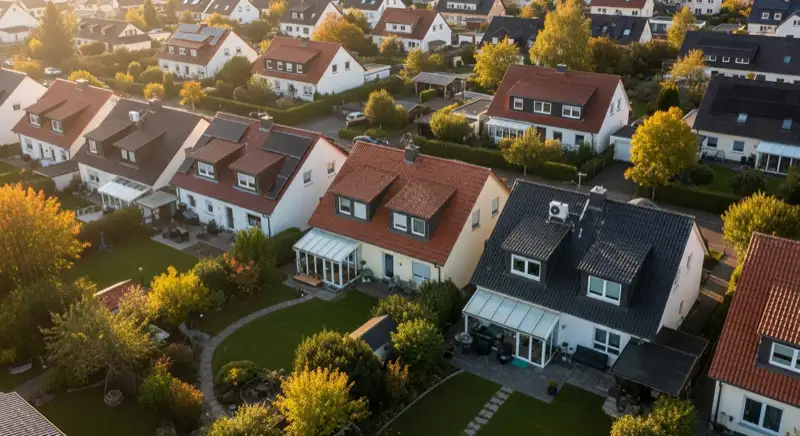 Aerial drone view of typical German residential neighborhood with mixed roof types, red and dark roof tiles, gardens visible, sunny day