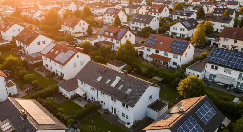 Aerial drone view of typical German residential neighborhood with mixed roof types, red and dark roof tiles, gardens visible, sunny day