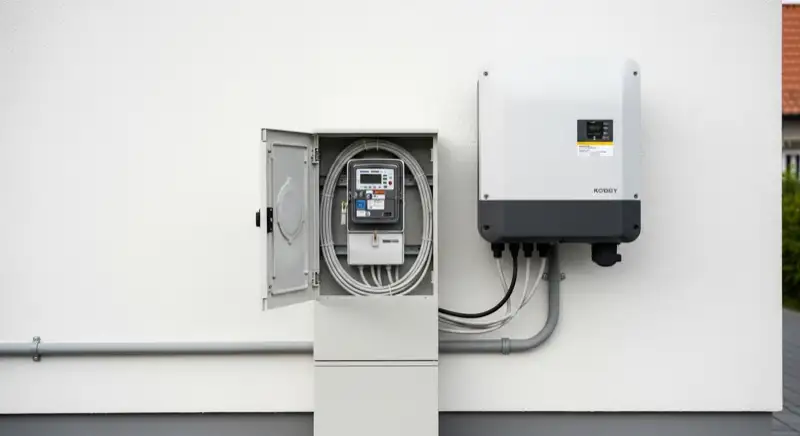Modern German electrical meter cabinet (Zählerschrank) with smart meter and solar inverter connection, clean technical installation