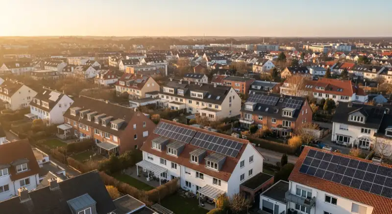 Aerial drone view of typical German residential neighborhood with mixed roof types, red and dark roof tiles, gardens visible, sunny day