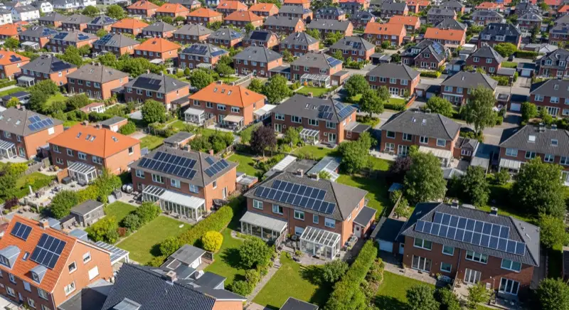 Aerial drone view of typical German residential neighborhood with mixed roof types, red and dark roof tiles, gardens visible, sunny day