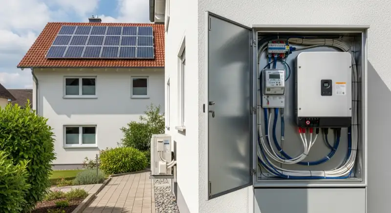 Modern German electrical meter cabinet (Zählerschrank) with smart meter and solar inverter connection, clean technical installation