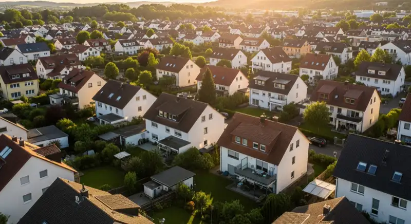 Aerial drone view of typical German residential neighborhood with mixed roof types, red and dark roof tiles, gardens visible, sunny day