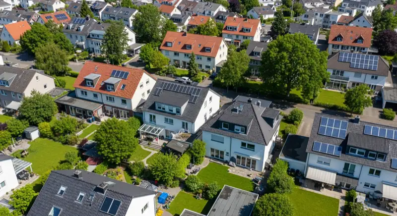Aerial drone view of typical German residential neighborhood with mixed roof types, red and dark roof tiles, gardens visible, sunny day