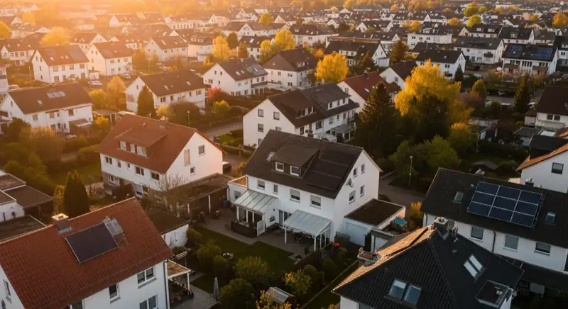 Aerial drone view of typical German residential neighborhood with mixed roof types, red and dark roof tiles, gardens visible, sunny day