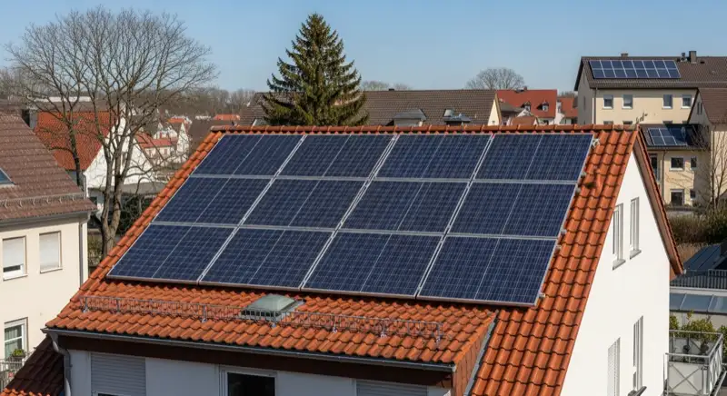 Schrägdach eines Freiberger Wohnhauses mit installierten PV-Modulen