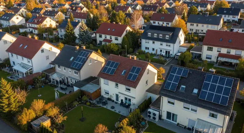 Aerial drone view of typical German residential neighborhood with mixed roof types, red and dark roof tiles, gardens visible, sunny day