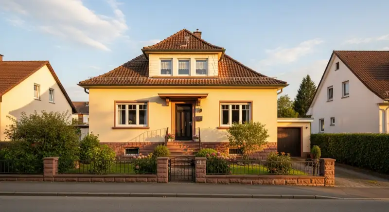 Hausbesitzer-Paar vor Einfamilienhaus in Freiburg, sonniger Tag, positive Energie-Szenerie