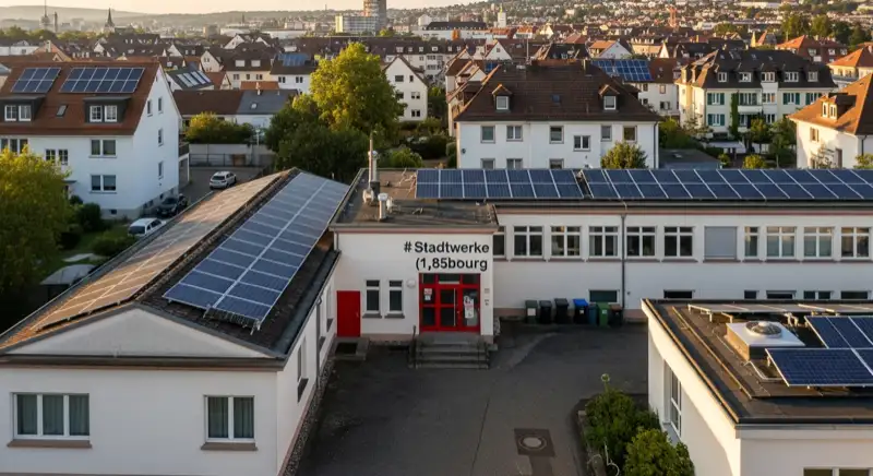 Blick auf das Stadtwerke-Gebäude in Freiburg mit Service-Eingang, lokale Versorgeratmosphäre