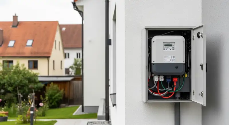 Modern German electrical meter cabinet (Zählerschrank) with smart meter and solar inverter connection, clean technical installation