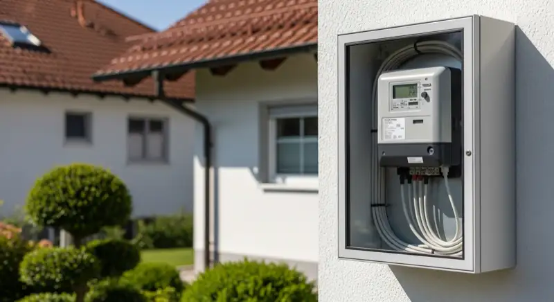 Modern German electrical meter cabinet (Zählerschrank) with smart meter and solar inverter connection, clean technical installation