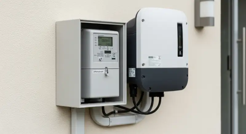 Modern German electrical meter cabinet (Zählerschrank) with smart meter and solar inverter connection, clean technical installation
