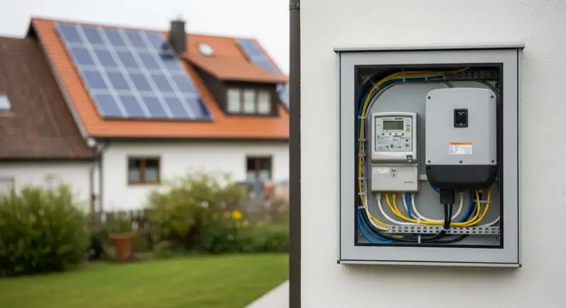 Modern German electrical meter cabinet (Zählerschrank) with smart meter and solar inverter connection, clean technical installation