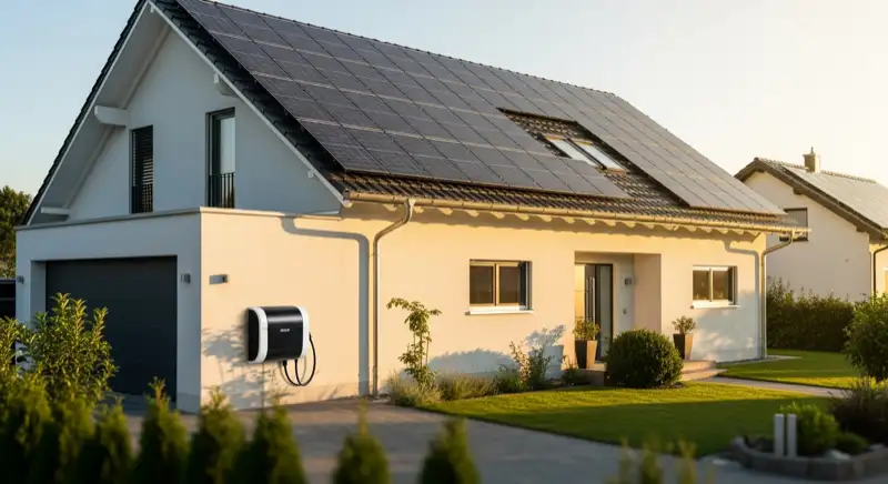 Einfamilienhaus in Freising mit PV-Anlage auf dem Dach und Wallbox in der Einfahrt