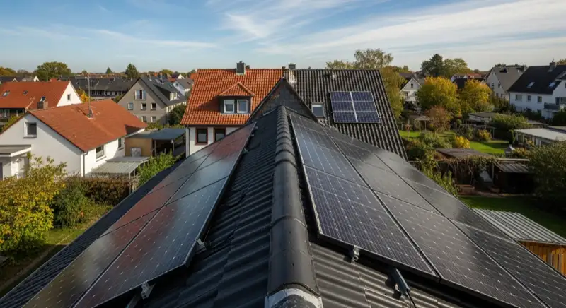 Installateur montiert PV-Module auf Hausdach in Fulda