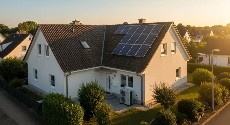 Einfamilienhaus in Fulda mit Photovoltaikanlage auf dem Dach und Wärmepumpe im Vorgarten