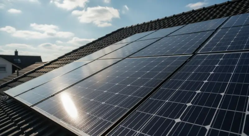 Close-up of photovoltaic solar panels installed on a traditional German Satteldach (gabled roof), blue sky with some clouds