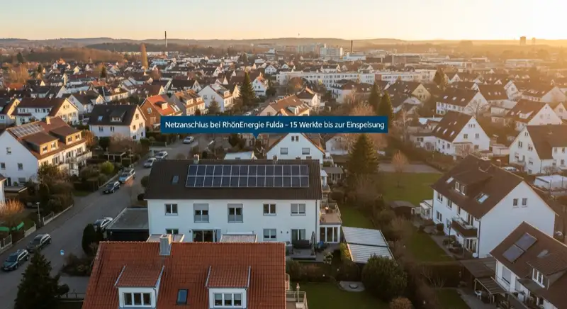 Aerial drone view of typical German residential neighborhood with mixed roof types, red and dark roof tiles, gardens visible, sunny day
