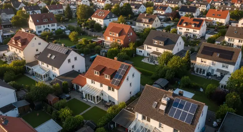 Aerial drone view of typical German residential neighborhood with mixed roof types, red and dark roof tiles, gardens visible, sunny day