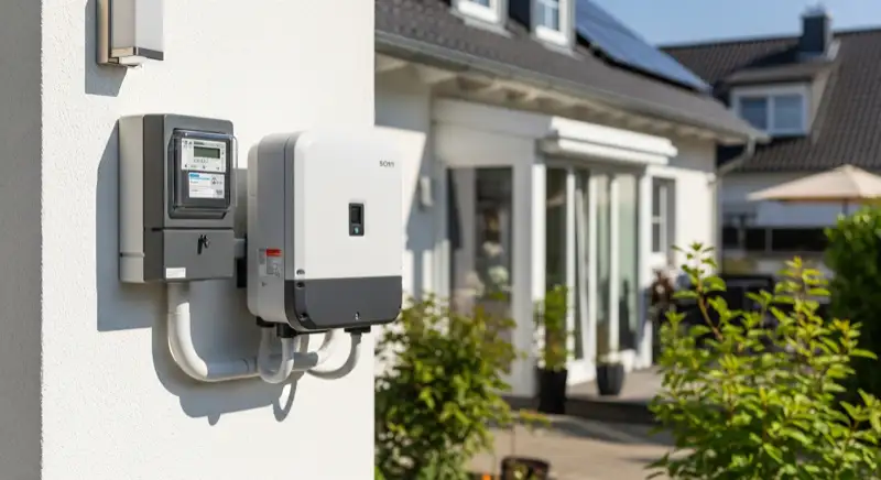 Modern German electrical meter cabinet (Zählerschrank) with smart meter and solar inverter connection, clean technical installation