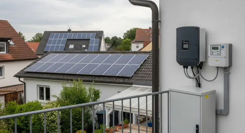 Modern German electrical meter cabinet (Zählerschrank) with smart meter and solar inverter connection, clean technical installation