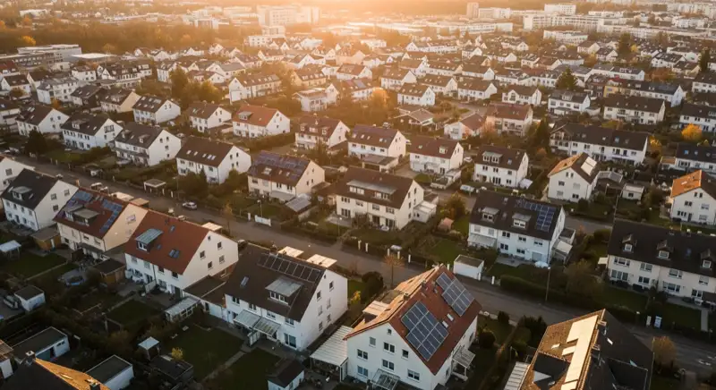 Aerial drone view of typical German residential neighborhood with mixed roof types, red and dark roof tiles, gardens visible, sunny day