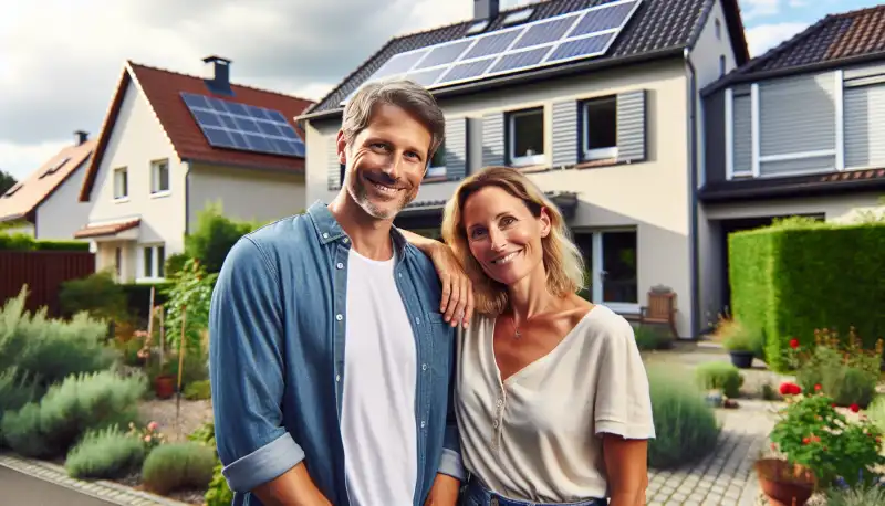 Familie vor ihrem Haus mit Solaranlage in einer Gelsenkirchener Wohnsiedlung