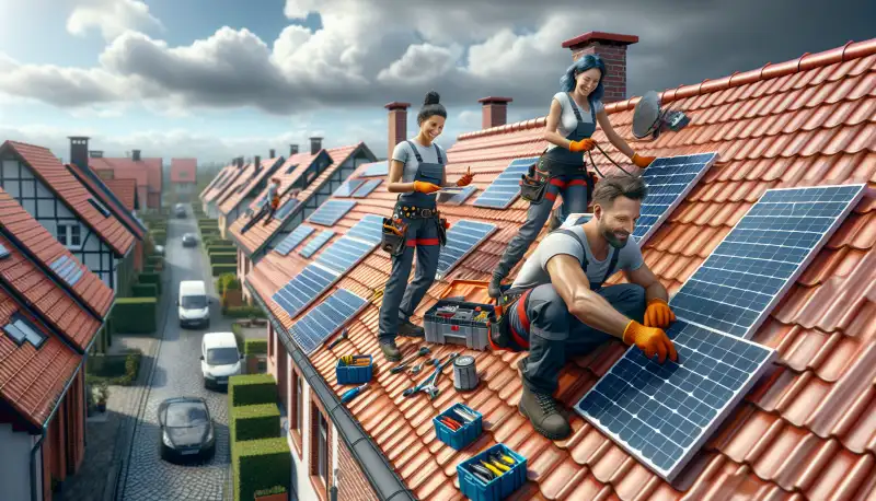 Solarinstallateur bei der Montage einer PV Anlage auf einem Gelsenkirchener Hausdach