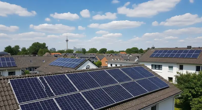 German detached house (Einfamilienhaus) with photovoltaic panels on pitched roof, well-maintained garden, warm afternoon sunlight