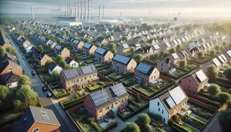 Wohnsiedlung in Gelsenkirchen mit Solaranlagen auf Reihenhausdächern, grüne Gärten und typische Ruhrgebietsarchitektur