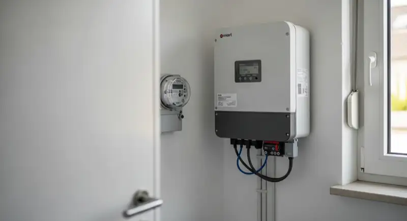 Modern German electrical meter cabinet (Zählerschrank) with smart meter and solar inverter connection, clean technical installation