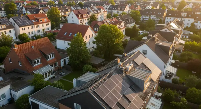 Aerial drone view of typical German residential neighborhood with mixed roof types, red and dark roof tiles, gardens visible, sunny day