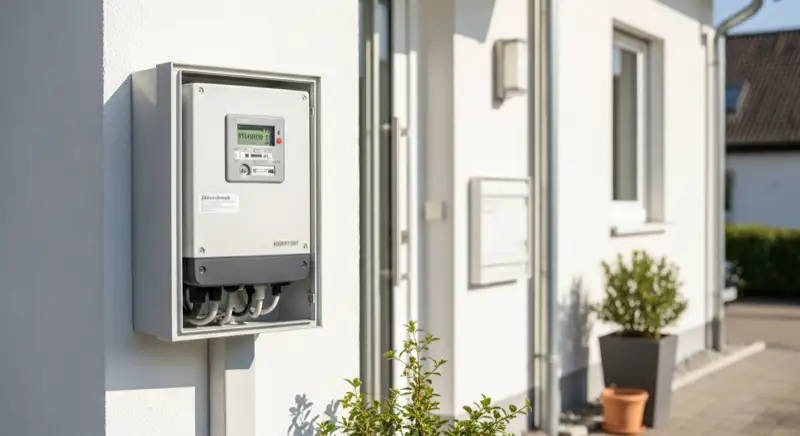 Modern German electrical meter cabinet (Zählerschrank) with smart meter and solar inverter connection, clean technical installation